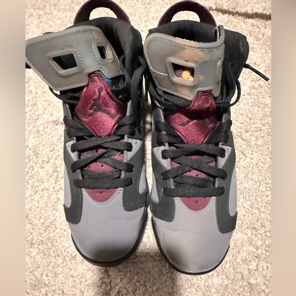 Jordan Kids Grey and Burgundy High-Top Sneakers with Black Laces